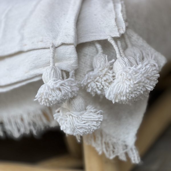 Handgeweven Berber pompom deken-wit-camel accent-S-M-L - Afbeelding 2